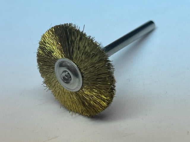 1" Miniature Crimped Brass Wire Brush mounted on 1/8" arbor