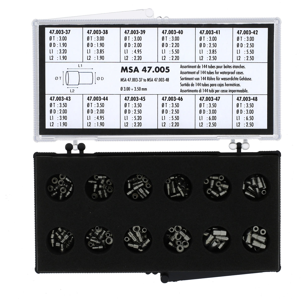 Assortment of stainless steel case tubes 3.00 and 3.50 mm