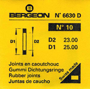 Bergeon® Swiss Flat Case Back Gasket number 6630-10, package of 2, ID 23.00 mm, OD 25.00 mm, thickness 0.50 mm