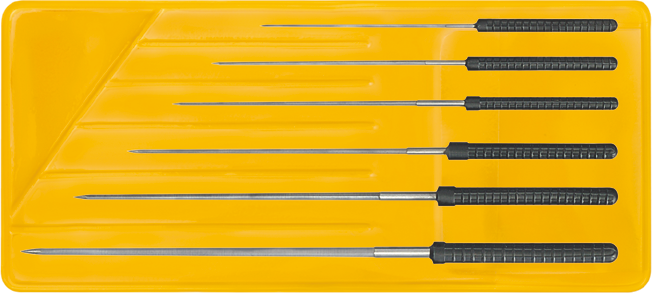 Swiss 5-sided cutting broaches with plastic handle SET of 6, 0.6mm - 2.0mm
