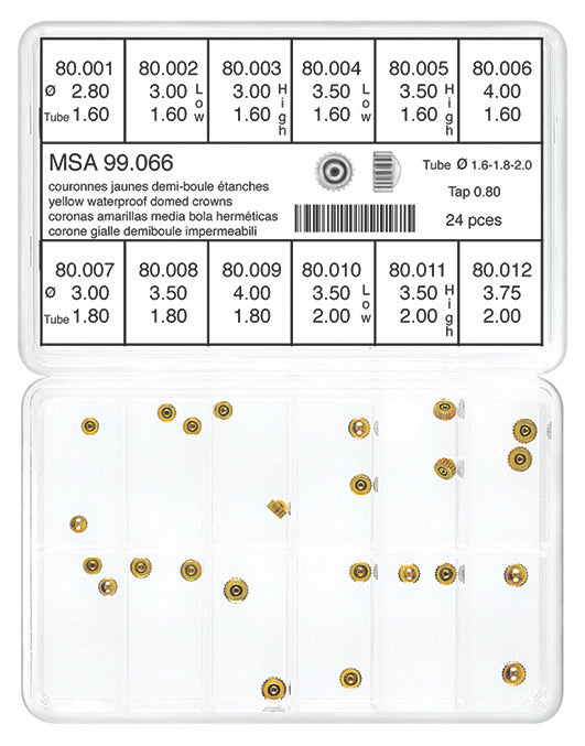 Water-Proof Domed Yellow Crown Assortment Tap 80 (24 Crowns, 12 models)