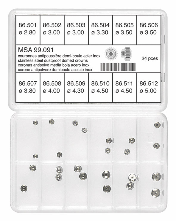 Dust-Proof Domed Steel Crown Assortment (24 Crowns, 12 models)