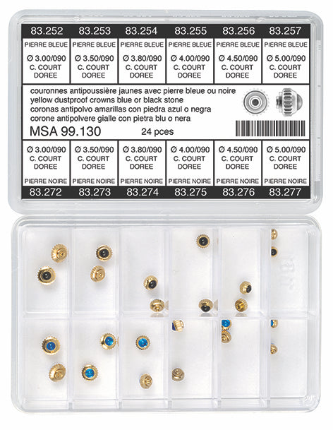 Dustproof Yellow Crown Assortment with blue & black stones (24 Crowns, 12 models)