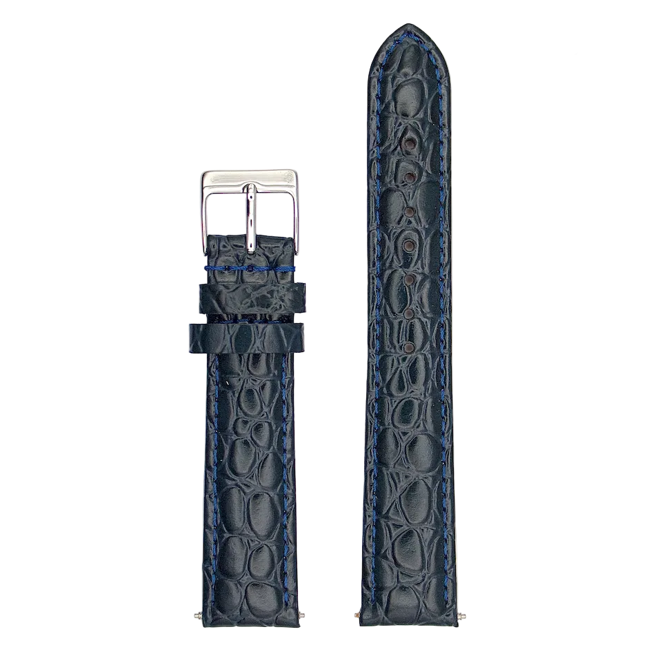 Padded Crocodile Grain Genuine Leather Strap - Navy (116)
