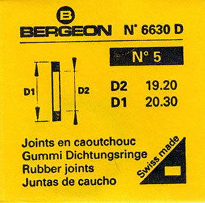 Bergeon® Swiss Flat Case Back Gasket number 6630-05, package of 2, ID 19.20 mm, OD 20.30 mm, thickness 0.50 mm