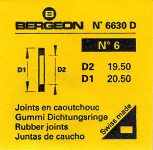 Bergeon® Swiss Flat Case Back Gasket number 6630-06, package of 2, ID 19.50 mm, OD 20.50 mm, thickness 0.50 mm