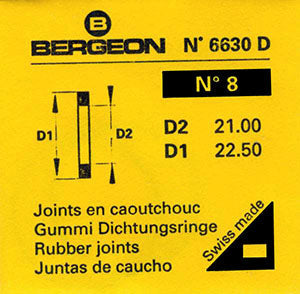 Bergeon® Swiss Flat Case Back Gasket number 6630-08, package of 2, ID 21.00 mm, OD 22.50 mm, thickness 0.50 mm