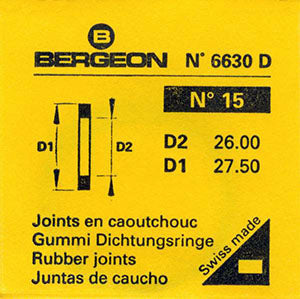 Bergeon® Swiss Flat Case Back Gasket number 6630-15, package of 2, ID 26.00 mm, OD 27.50 mm, thickness 0.50 mm