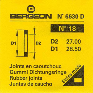 Bergeon® Swiss Flat Case Back Gasket number 6630-18, package of 2, ID 27.00 mm, OD 28.50 mm, thickness 0.50 mm