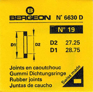 Bergeon® Swiss Flat Case Back Gasket number 6630-19, package of 2, ID 27.25 mm, OD 28.75 mm, thickness 0.50 mm