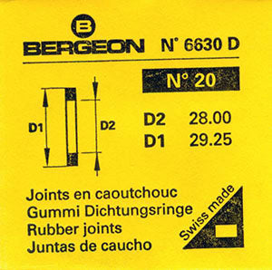 Bergeon® Swiss Flat Case Back Gasket number 6630-20, package of 2, ID 28.00 mm, OD 29.25 mm, thickness 0.50 mm