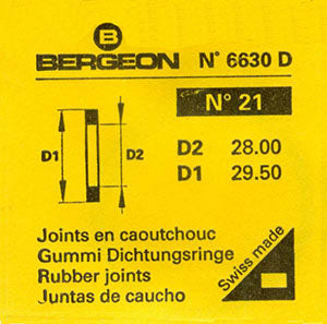 Bergeon® Swiss Flat Case Back Gasket number 6630-21, package of 2, ID 28.00 mm, OD 29.50 mm, thickness 0.50 mm