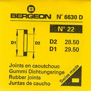 Bergeon® Swiss Flat Case Back Gasket number 6630-22, package of 2, ID 28.50 mm, OD 29.50 mm, thickness 0.50 mm