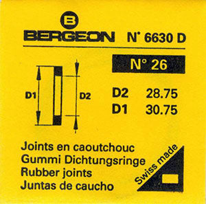 Bergeon® Swiss Flat Case Back Gasket number 6630-26, package of 2, ID 28.75 mm, OD 30.75 mm, thickness 0.50 mm