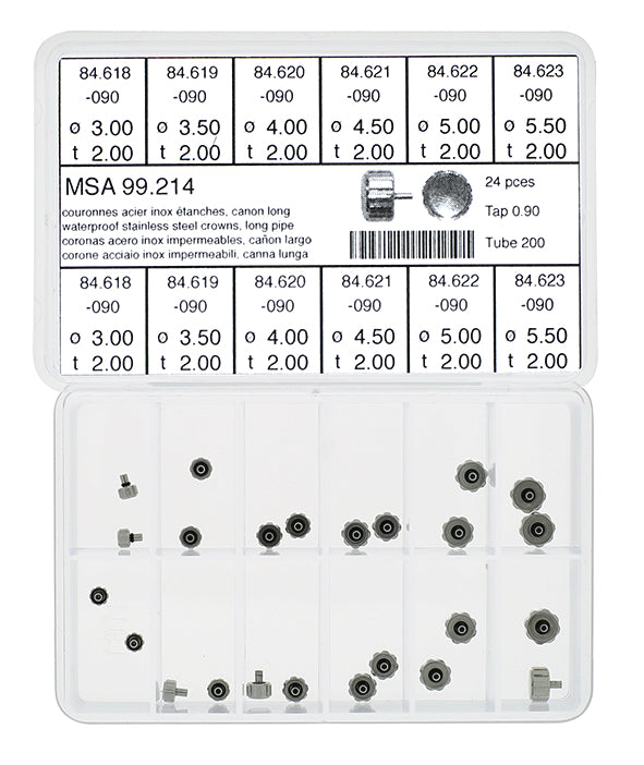Water-Proof Large Knurl Long Pipe Crown Assortment Tap 90 (24 Crowns, 12 models)