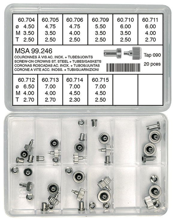 Screw-On Large SS Crown Assortment With Tubes & Gaskets Tap 90 (20 crowns/10 models)