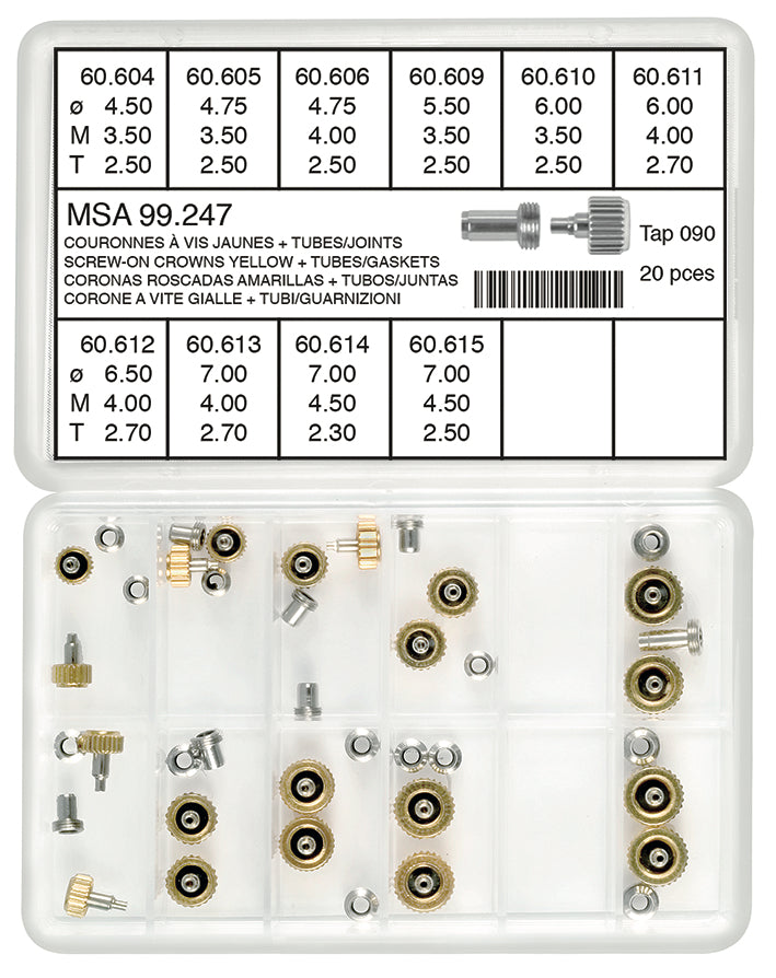 Screw-On Large Yellow Crown Assortment With Tubes & Gaskets Tap 90 (20 crowns/10 models)