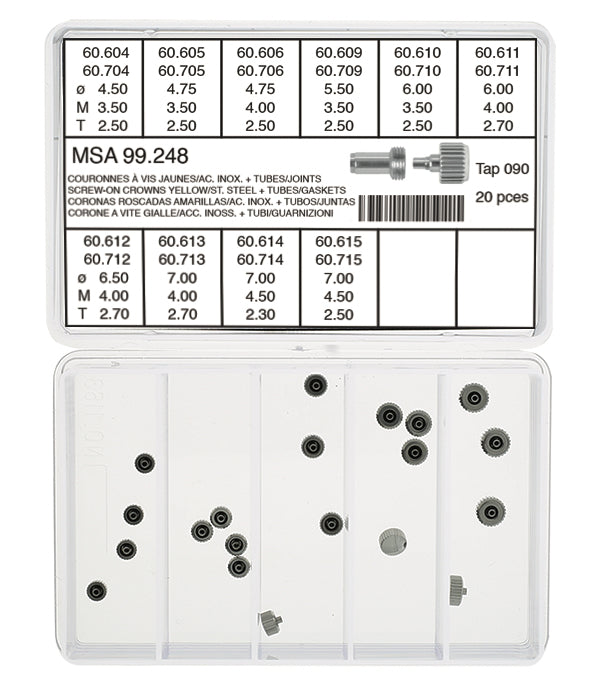 Screw-On Large SS & Yellow Crown Assortment With Tubes & Gaskets Tap 90 (20 crowns/10 models)