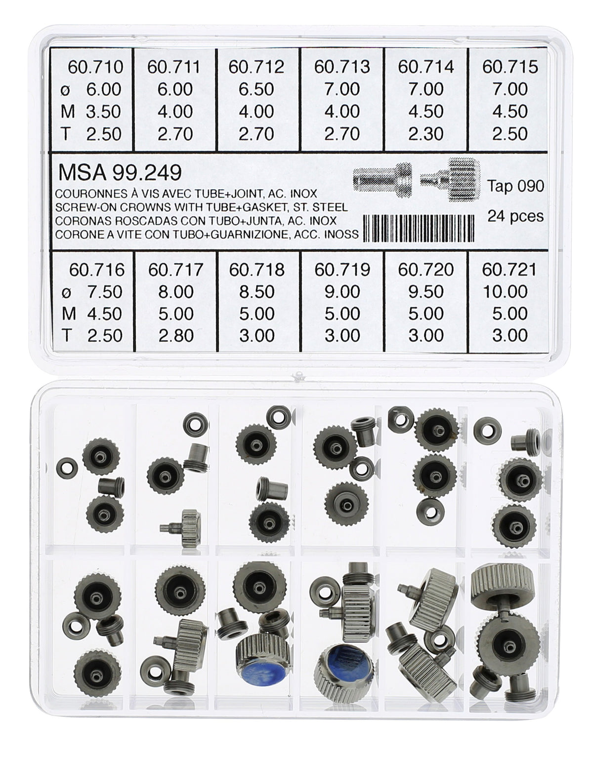 Screw-On X-Large SS Crown Assortment With Tubes & Gaskets Tap 90 (24 crowns/12 models)