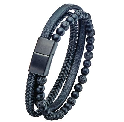 LB715 Steel and Leather Bead Bracelet