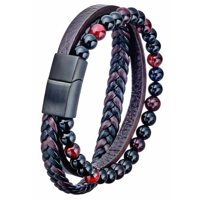 LB716 Steel and Leather Bead Bracelet