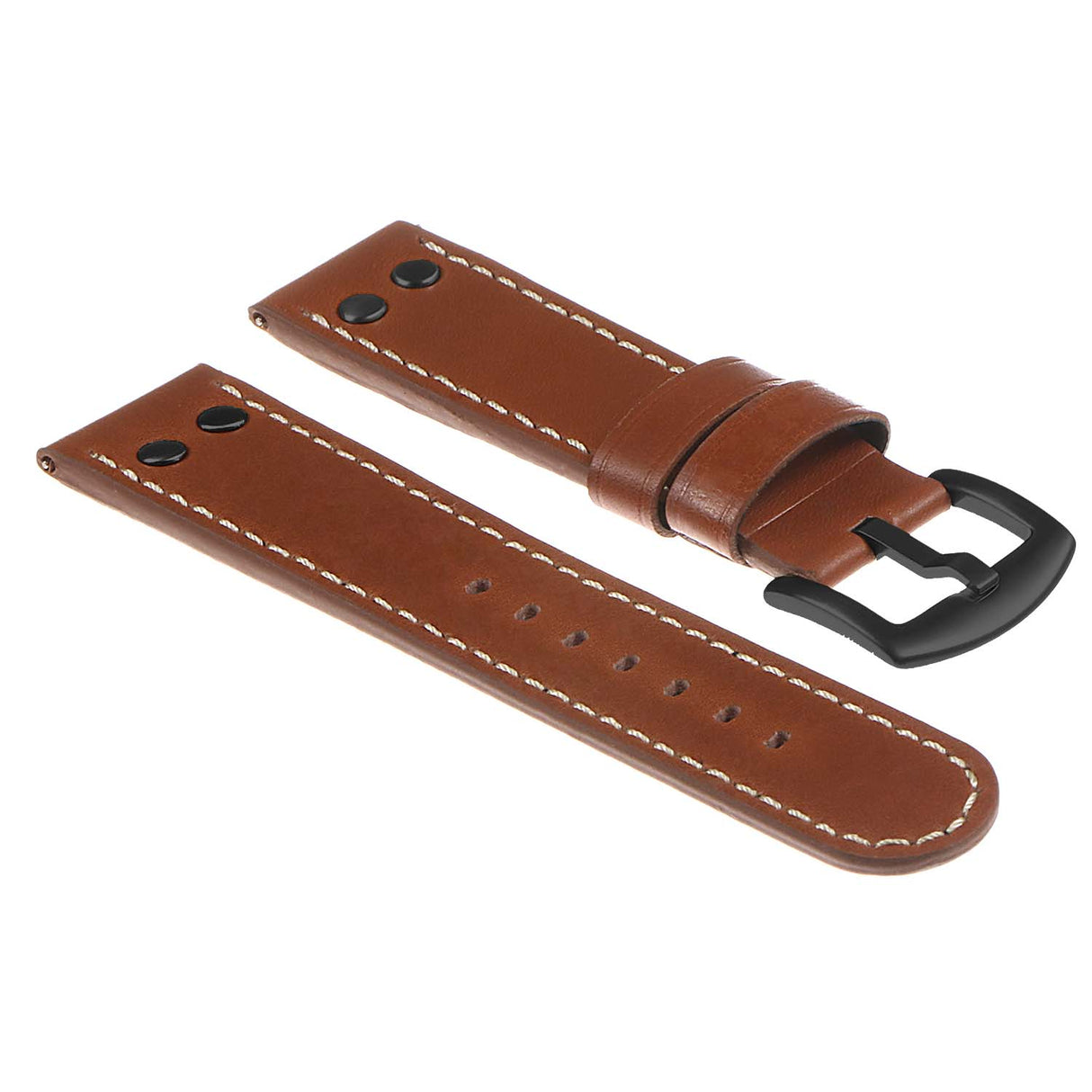 Ds15.3.mb Dassari Leather Strap In Black W Tan Stitching W Matte Black Buckle