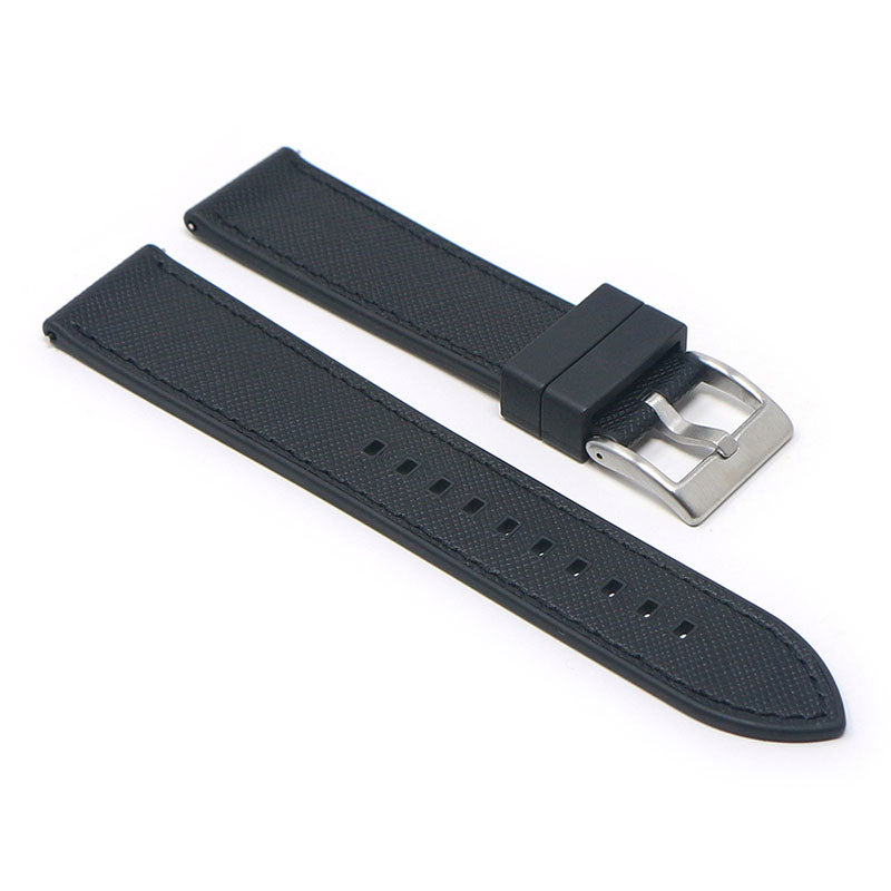 fk16.1.1 Angle Black DASSARI Saffiano Leather FKM Hybrid Watch Band Strap 20mm 22mm