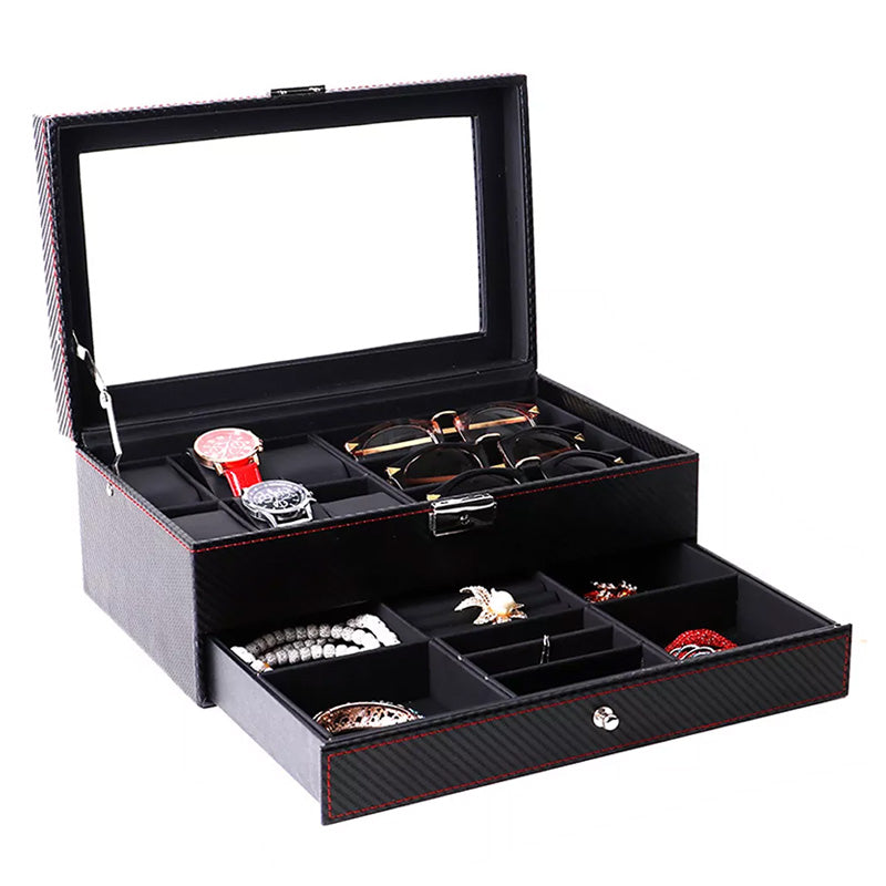 Double Layer Carbon Fiber Combination Watch, Sunglass & Jewelry Box