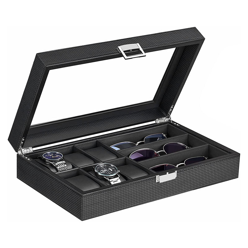 Black Carbon Fiber Combination Watch Sunglasses Box for 6 Watches