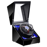 Piano Black & Carbon Fiber Watch Winder for 2 Watches with LED Lights