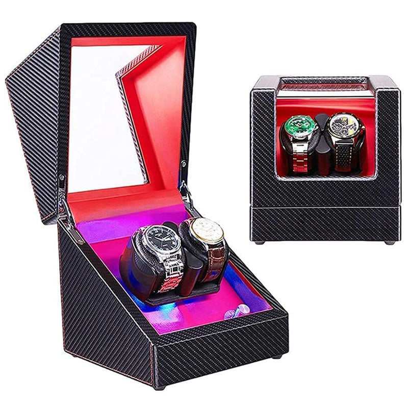 Carbon Fiber Watch Winder with Red Interior and LED Lights for 2 Watches