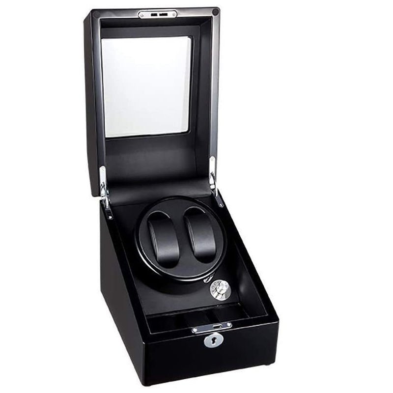 Key Locked Piano Black Watch Winder with Storage for Two Watches