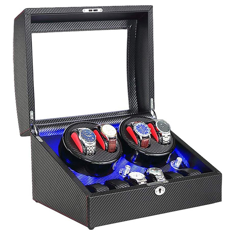 Carbon Fiber Key Locked Watch Winder with Storage and LED Lights for 4 Watches