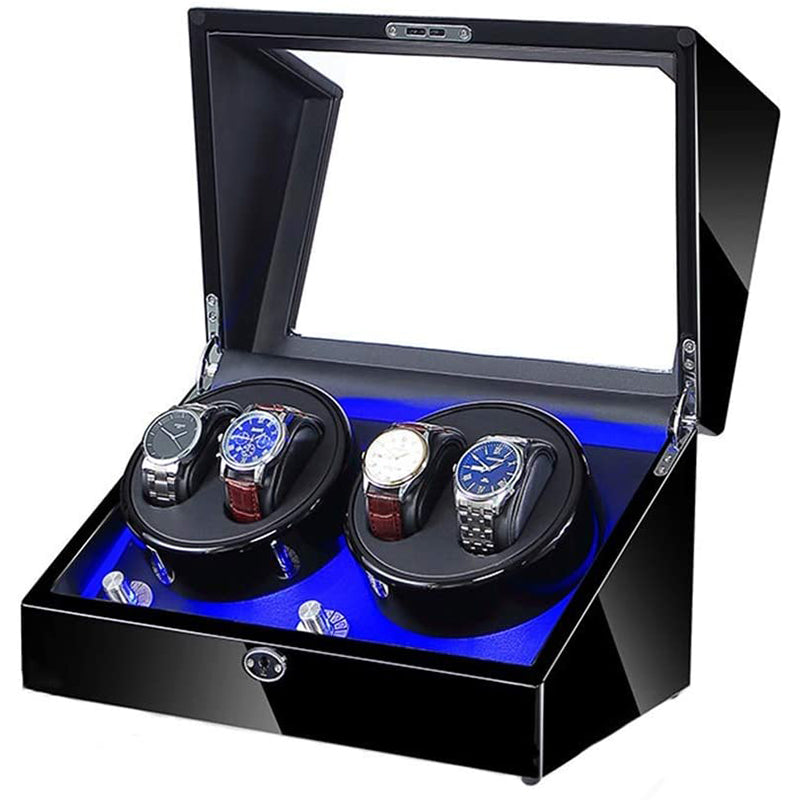 Key Locked Piano Black Watch Winder with Storage and LED Lights for 4 Watches