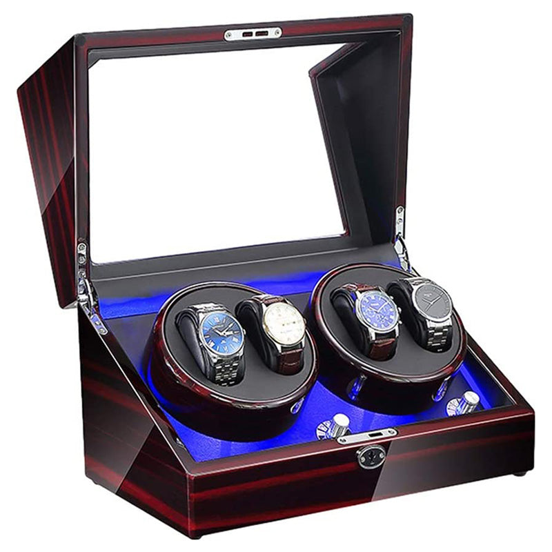 Glossy Dark Cherry Watch Winder with Storage and LED Lights for 4 Watches