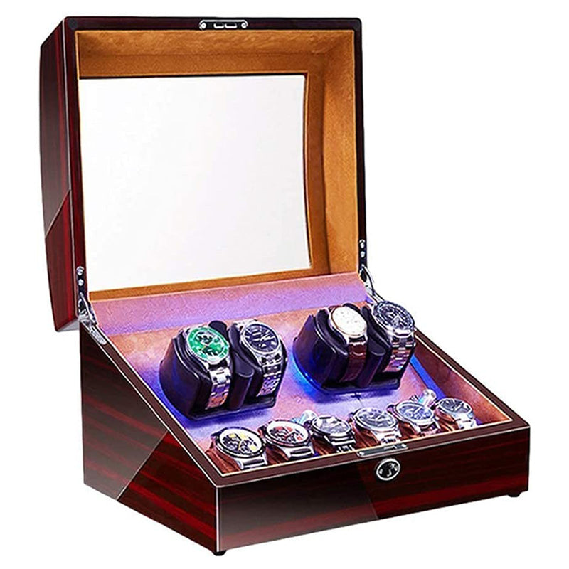 Glossy Light Cherry Watch Winder with Storage and LED Lights for 4 Watches