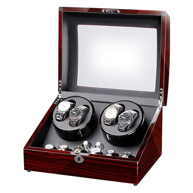 Dark Cherry Watch Winder with Storage for 4 Watches