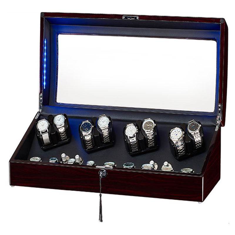 Dark Cherry Rectangle Watch Winder with Storage for 8 Watches