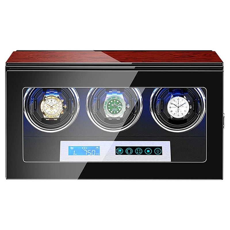 Dark Cherry Touch Screen LED Watch Winder for 3 Watches