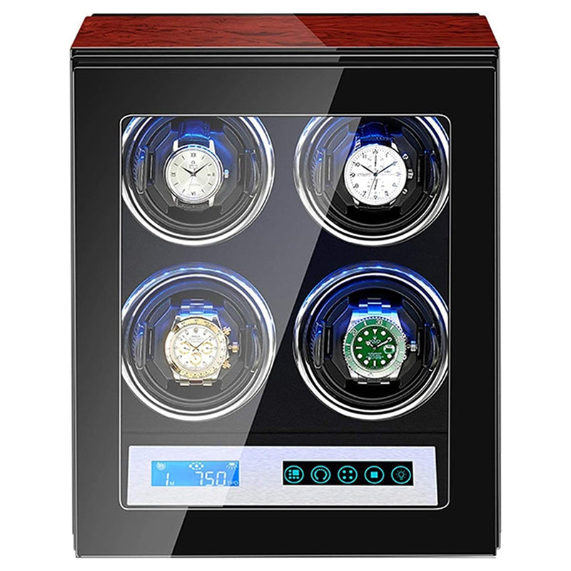 Dark Cherry Touch Screen LED Watch Winder for 4 Watches