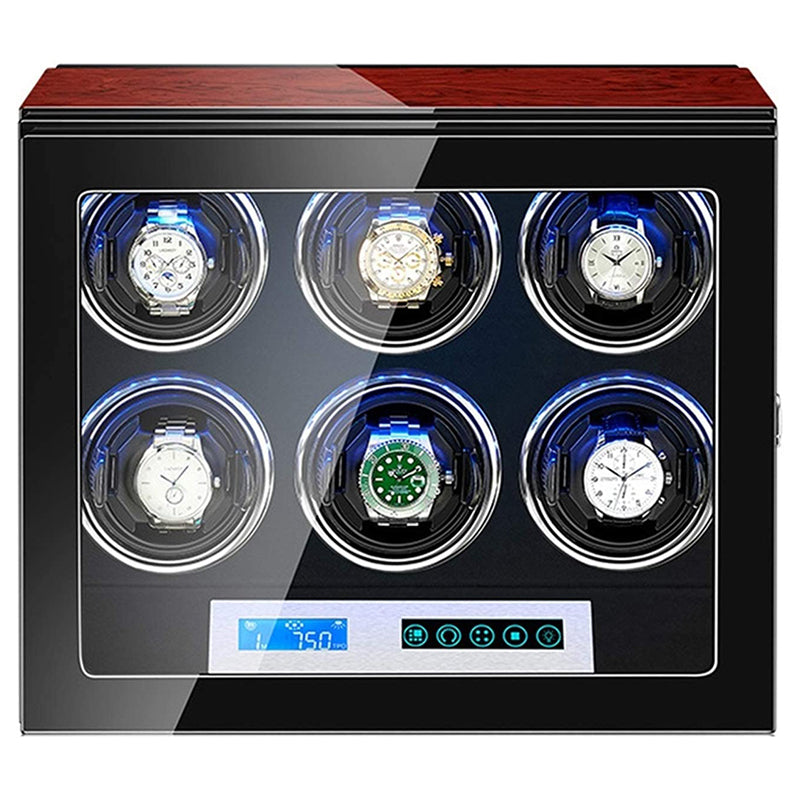 Dark Cherry Touch Screen LED Watch Winder for 6 Watches