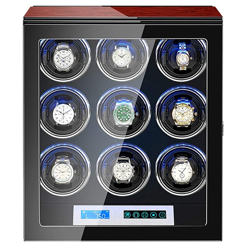 Dark Cherry Touch Screen LED Watch Winder for 9 Watches