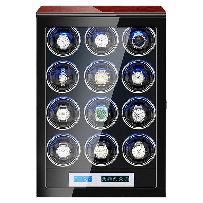 Dark Cherry Touch Screen LED Watch Winder for 12 Watches