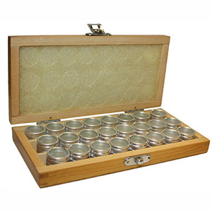 Hinged Wood Box with 24 Tins (10567289487)